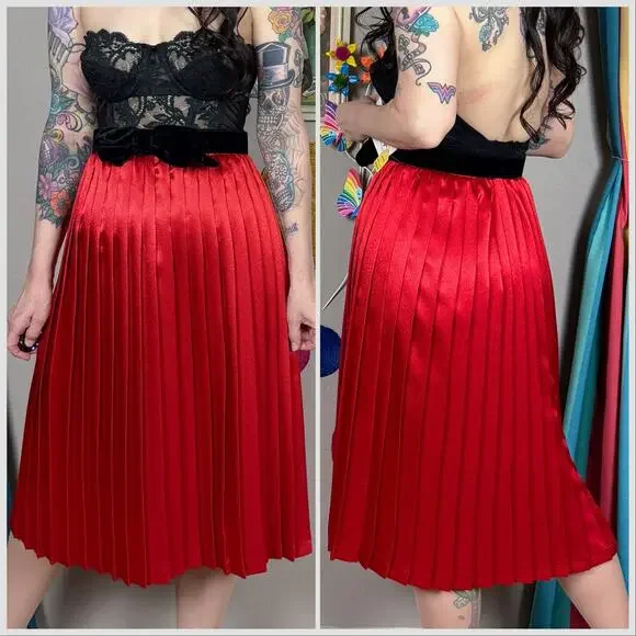 Vintage 1980s Red Satin High Waist Accordion Pleated Skirt - Picture 4 of 7